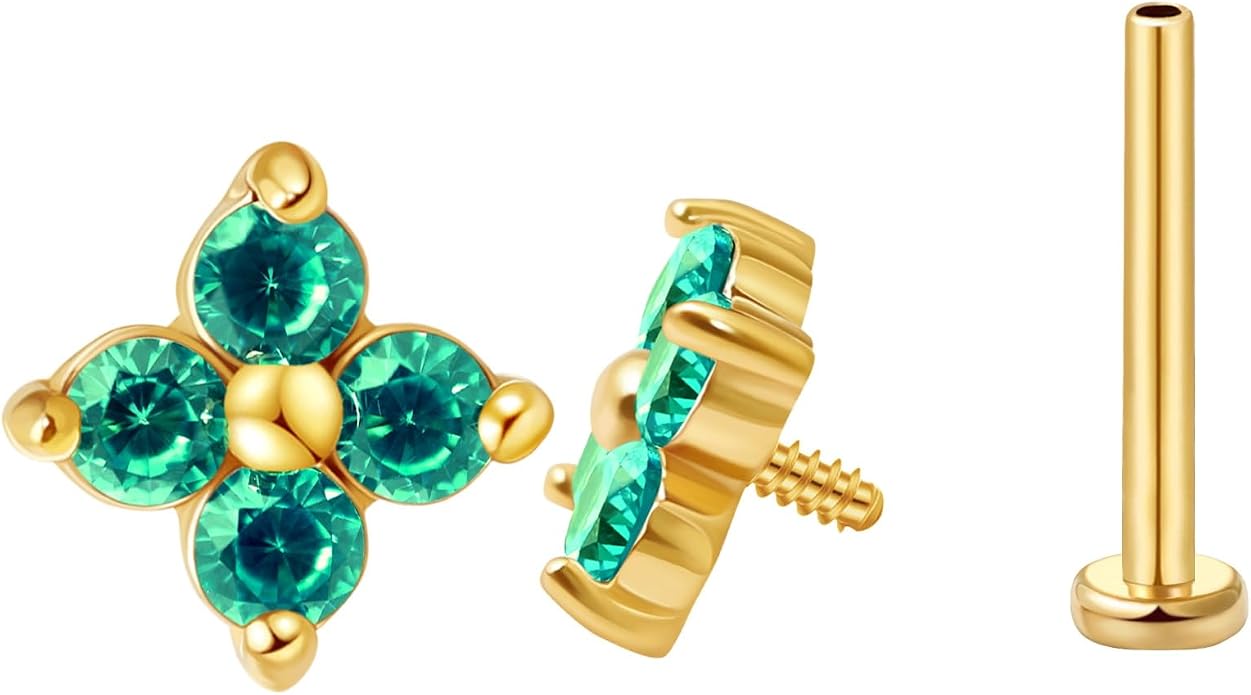 FANSING CZ Flower Internally Threaded Flat Back Earring Labret Stud for Cartilage Tragus Helix Conch