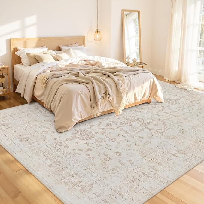 Area Rugs 9x12 Living Room: Vintage Boho Neutral Washable Rug Indoor Soft Large Area Rug Carpet for Bedroom Nursery Farmhouse Dining Room Office Floor Non-Slip Low Pile Under Table Rug Warm Beige