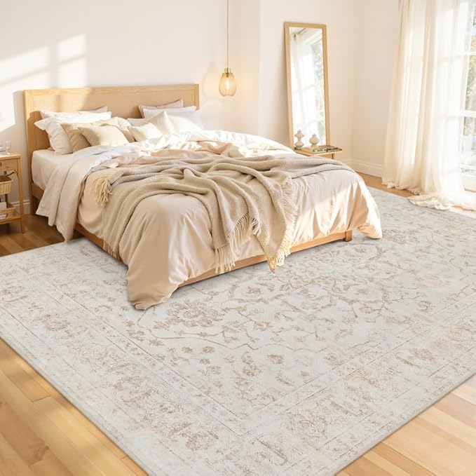 8x10 Area Rugs for Living Room: Vintage Boho Neutral Washable Rug Indoor Soft Large Area Rug Carpet for Bedroom Nursery Farmhouse Dining Room Office Floor Non-Slip Low Pile Under Table Rug Warm Beige