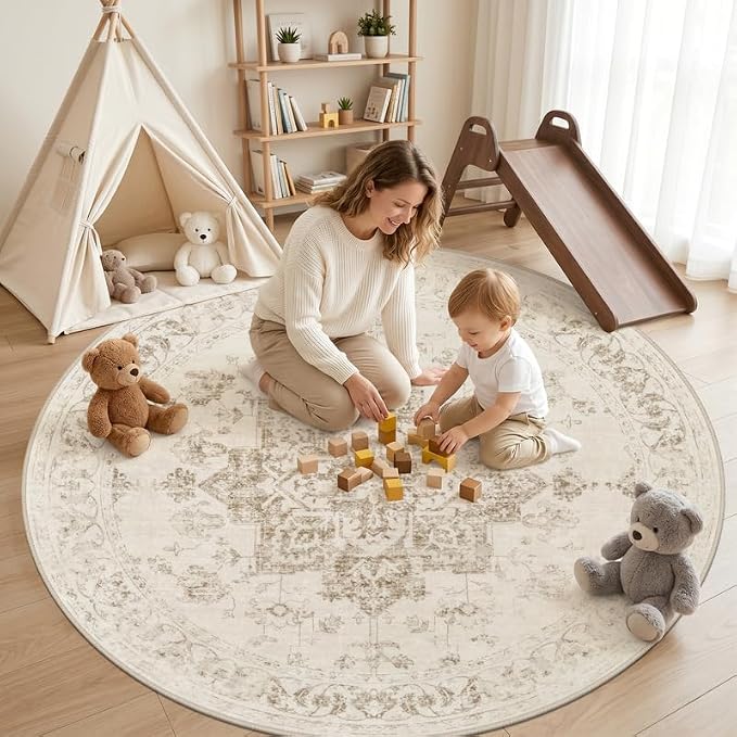 Round Area Rug for Living Room: 6ft Vintage Boho Neutral Washable Circle Rug Soft Large Circular Carpet for Bedroom Nursery Farmhouse Dining Room Office Floor Non-Slip Low Pile Under Table Beige/Ivory