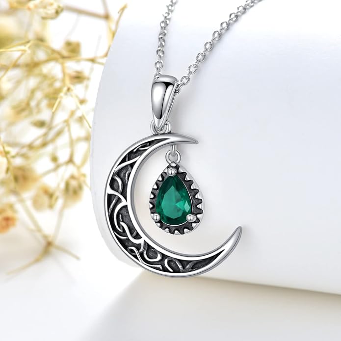 VONALA Crescent Moon Necklace Sterling Silver Emerald/Red/Purple/Black/Rainbow Topaz/Green/Aquamarine/Blue/Moss Agate Celtic Moon Teardrop Necklace Celtic Jewelry Gifts for Women Birthday