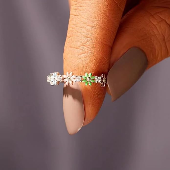 Color Daisy 925 Sterling Silver Wedding Band Plated with 18K White Gold Stackable Promise Engagement Rings Brand Jewelry Adjustable