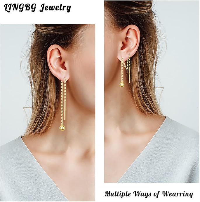 3 Pairs Threader Earrings 925 Sterling Silver Long Chain Earrings Bar/Ball Wrap Threader Drop Earrings for Women Lightweight Minimalist Mother's Day Jewelry Set