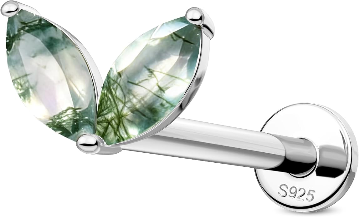 Jewseen Celtic knot&Butterfly Moss Agate Stud Earrings Dangle Internal Threaded Flat Back 16g 8mm Hypoallergenic 925 Sterling Silver Piercing Jewelry for Cartilage Lip Conch Tragus Helix
