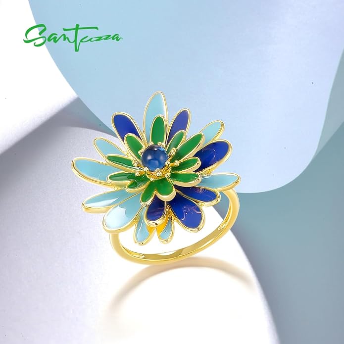 Santuzza 925 Sterling Silver Enamel Flower Statement Ring for Women