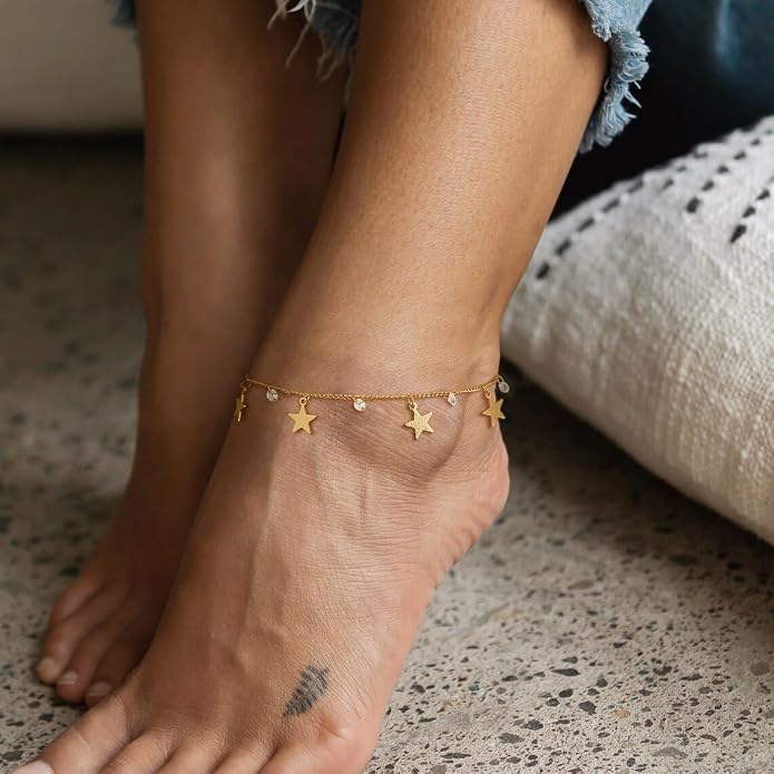 Dainty Gold Disc Chain Anklet for Women, 14K Gold Plated Sequin Foot Bracelet, 8.3"+2" Adjustable Delicate Flat Disc Link Ankle Bracelet, Minimalist Summer Beach Jewelry Gift for Her