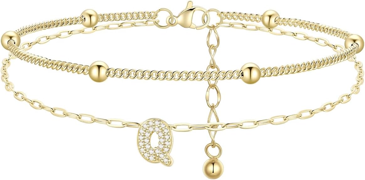FindChic Silver/14K Gold Plated Layered CZ Initial Ankle Bracelet for Women | Waterproof Stainless Steel, Cubic Zirconia Letter Charm, Non-Tarnish, Hypoallergenic, Adjustable Extender, Summer Jewelry