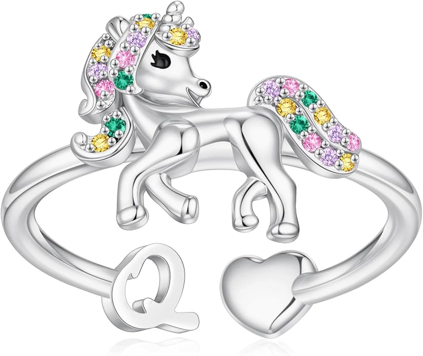 Unicorn Initial Rings for Teen Girls, Rose Gold/White Gold Plated Heart Initial Rings for Girls Adjustable Stackable Rings for Women Diny Heart Ring for Teen Girls Gifts Unicorns Gifts for Girls