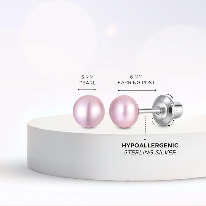 Pearl Screw Back Stud Earrings for Baby, Toddler, Girls | Hypoallergenic 925 Sterling Silver Screwback Safety Earrings | Simulated Pearl Studs for Sensitive Ears | Keepsake Gift for Birthdays Holidays Special Occasions
