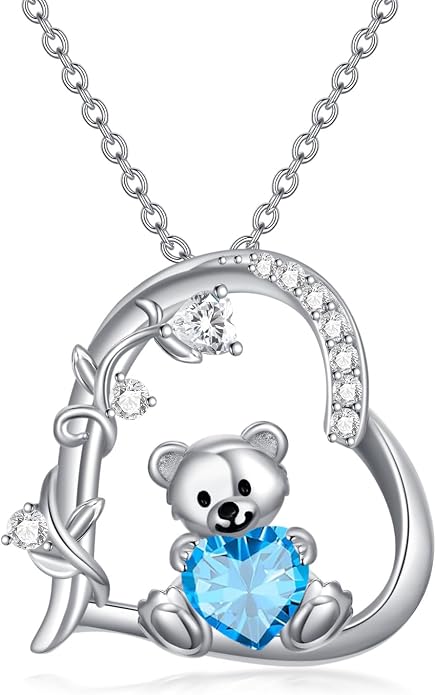 PELOVNY Teddy Bear Necklace for Women 925 Sterling Silver Bear/Highland Cow/Fox/Cat/Axolotl Birthstone Necklace Christmas Birthday Jewelry Gifts for Mom Daughter Wife Sister