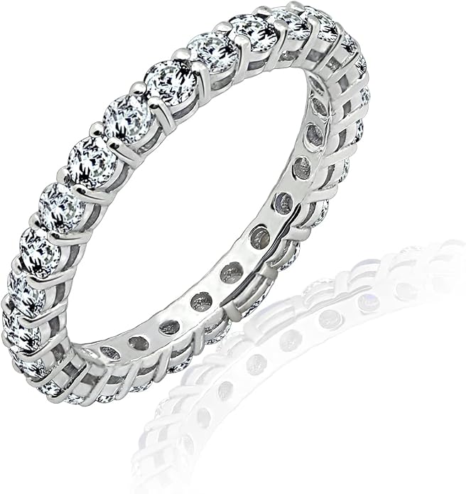 Amazon Essentials Platinum or Gold Plated Sterling Silver All-Around Band Ring set with Round Infinite Elements Cubic Zirconia