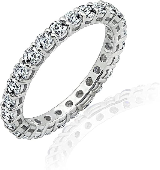 Amazon Essentials Platinum or Gold Plated Sterling Silver All-Around Band Ring set with Round Infinite Elements Cubic Zirconia