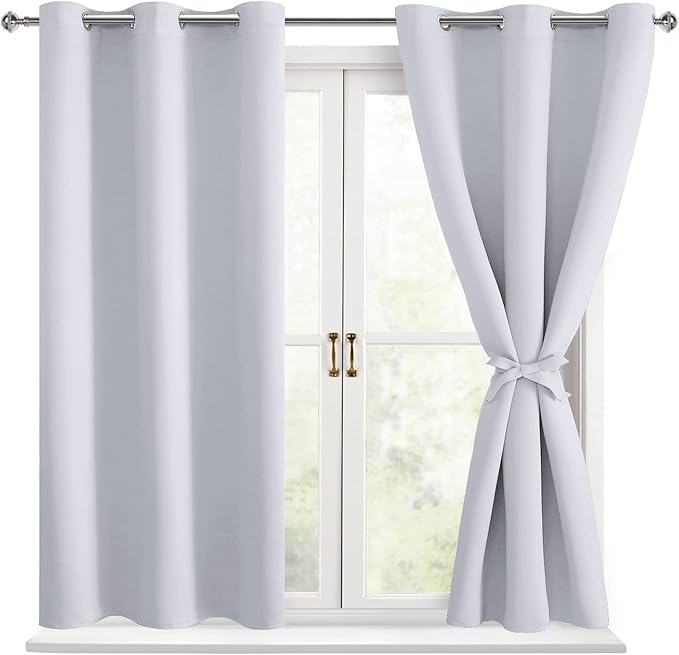 Hiasan Blackout Curtains for Bedroom - Thermal Insulated & Energy Saving Window Curtains for Living Room, 2 Drape Panels Sewn with Tiebacks, Greyish White, 42 x 54 Inch
