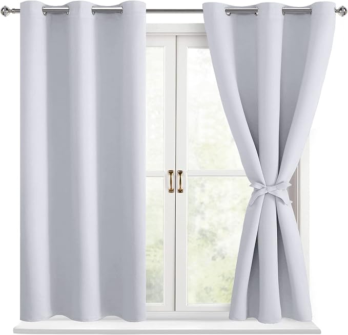 Hiasan Short Blackout Curtains for Bedroom - Thermal Insulated & Energy Saving Window Curtains for Living Room, 2 Drape Panels Sewn with Tiebacks, Greyish White, 42 x 45 Inch