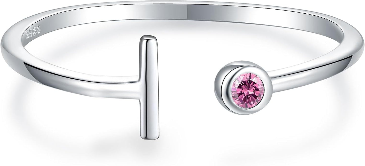 925 Sterling Silver Initial Letter Birthstone Rings for Women Adjustable 1-12 Month Birthstone Alphabet Stacking Ring for Teens Girls Stackable Birthstone Rings Birthday Jewelry Gift for Daughter Mom
