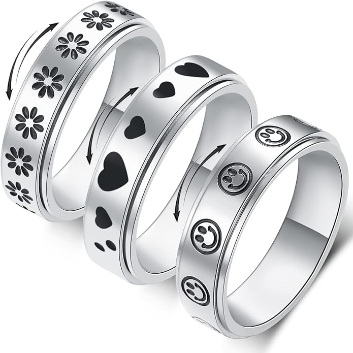 OreilleStar Anxiety Ring for Women Spinner Ring Titanium Stainless Steel Fidget Ring Men 6mm Width With Dog Paw Kitty Cat Face Evil Eye Pattern Spinning Outer Band Size 6 7 8 9 10