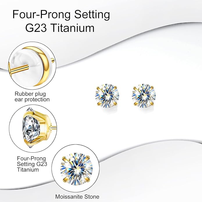 VOJO G23 Titanium Moissanite Stud Earrings, Hypoallergenic Earrings for Women & Men