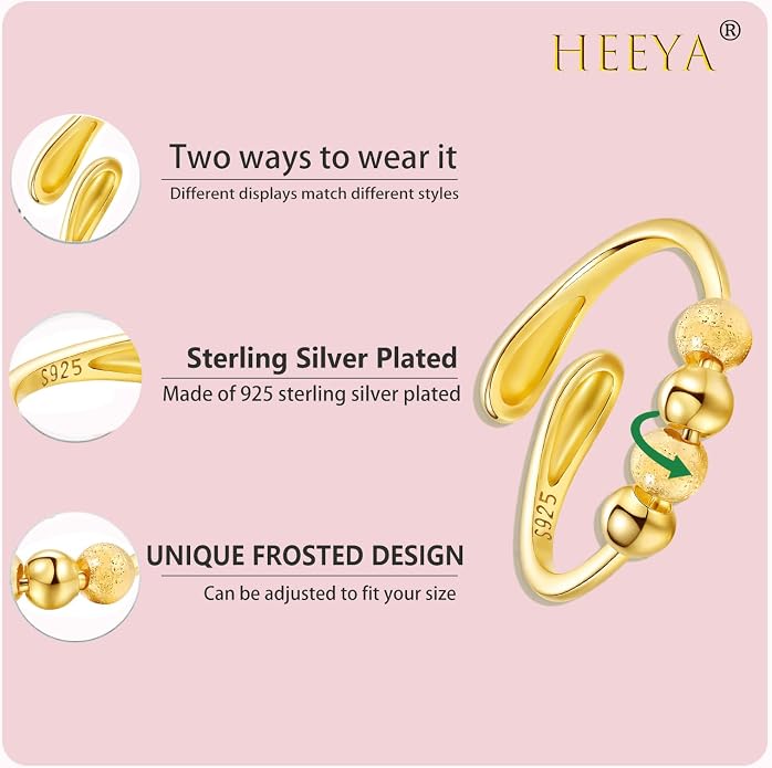 HEEYA Anxiety Rings for Women,Sterling Silver Rings to my Daughter,Adjustable Stress Spinner Ring with Beads,Anxiety Fidget Ring for Women,Thumb Jewelry for Birthday,Christmas with Gift Card