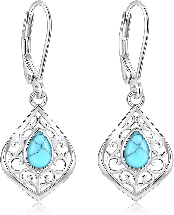 Vito 925 Sterling Silver Teardrop Earrings for Women, Moonstone Turquoise Drop Dangle Earrings Cat Snake Turtle Tree of Life Leverback Earrings Boho Jewelry Gift for Mom Wife