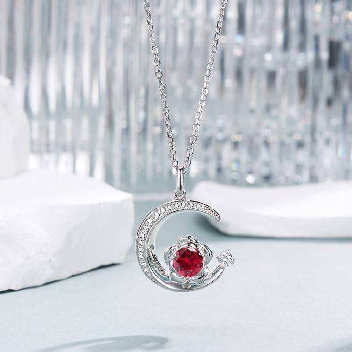 Birthstone Necklace for Women Sterling Silver Moon Pendant Necklaces Anniversary Birthday Fine Jewelry Gifts for Her Women Mother, Adjustable Chain