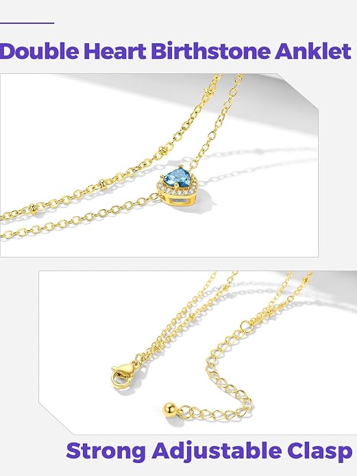 Richsteel Double Layer Heart/Butterfly Birthstone Anklet for Women Non Tarnish Waterproof, Silver/Gold/Black Stainless Steel 8.5-10.5 Inch Adjustable Chain Anklets Jewelry Gifts for Her