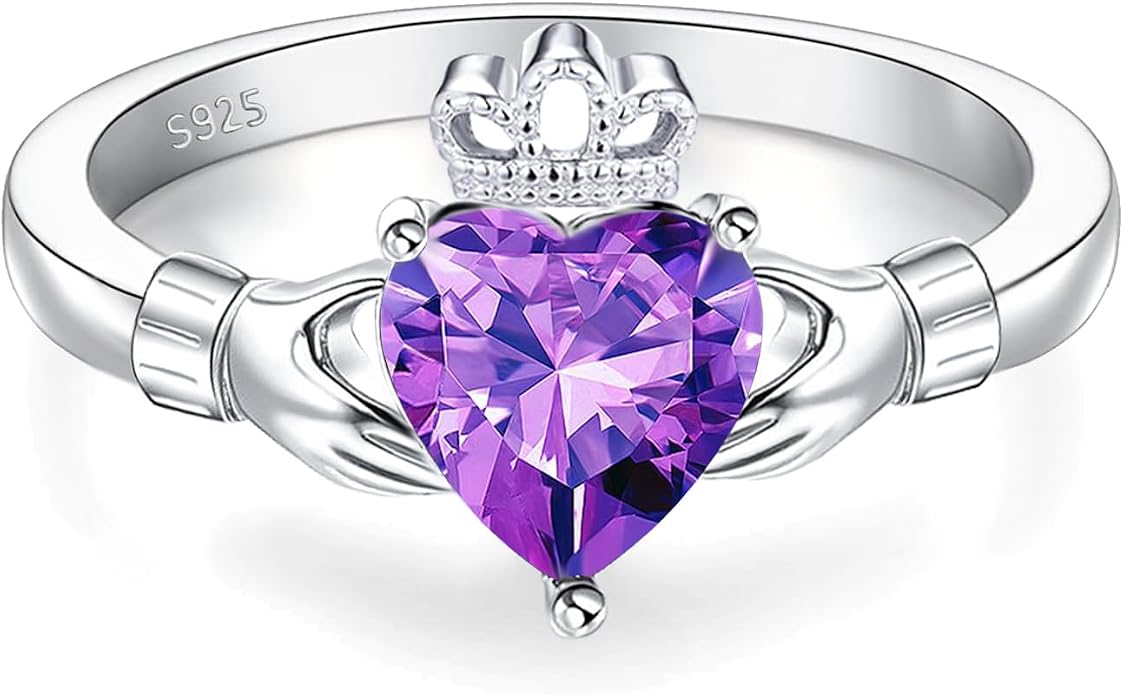 Claddagh Rings for Women 925 Sterling Silver Irish Birthstone Statement Ring Jewelry for Wife