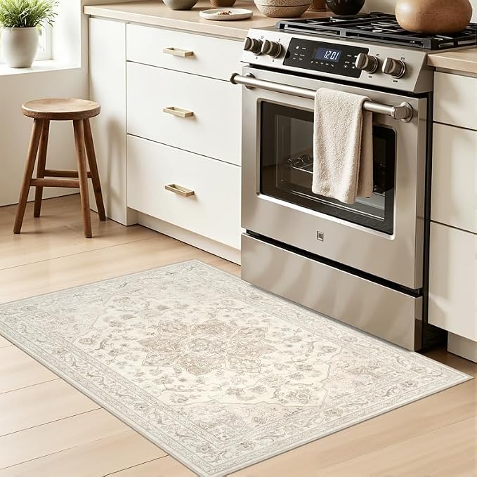 Machine Washable Area Rugs 2x3: Vintage Boho Neutral Washable Rug Indoor Soft Small Entryway Throw Carpet for Living Room Bedroom Kitchen Laundry Floor Non-Slip Low Pile Entrance Rug Beige White