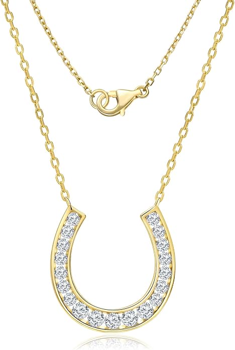 Luck Horseshoe Necklace 14K Gold Plated/Sterling Silver Created Gemstone Pendant with Chain Channel Set U Shaped Charm Necklace Birthstone Jewelry