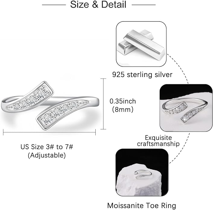 Moissanite Toe Ring for Women - 925 Sterling Silver 3mm 0.3CT Adjustable Round Moissanite Toe Ring Pinky Ring D Color VVS1 Size 3# to 7#