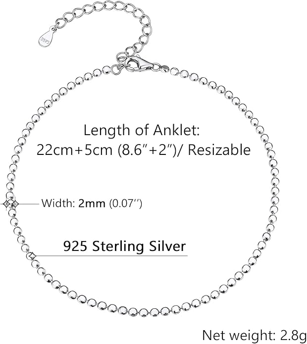 PROSILVER 925 Sterling Silver Ankle Bracelets For Women, Stylish Chain Anklets, Summer Beach Jewelry, 8.6-10.6 Inch Adjustable, Come with Box