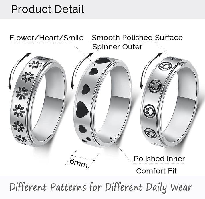 OreilleStar Anxiety Ring for Women Spinner Ring Titanium Stainless Steel Fidget Ring Men 6mm Width With Dog Paw Kitty Cat Face Evil Eye Pattern Spinning Outer Band Size 6 7 8 9 10