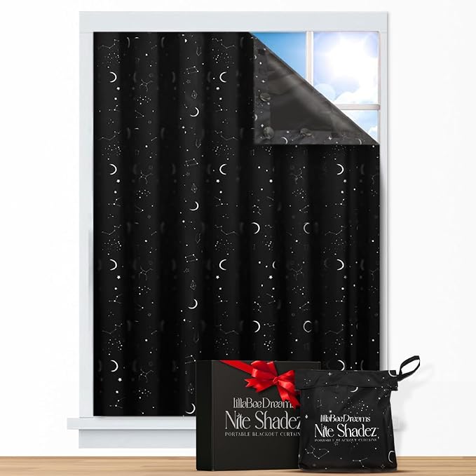 Portable Blackout Curtains (60" x 80") - Travel Blackout Curtains for Baby Nursery w/Stars - Portable Blackout Shades w/UV & Thermal Protection - 20 Stick on Suctions & Velcro Blackout Window Cover