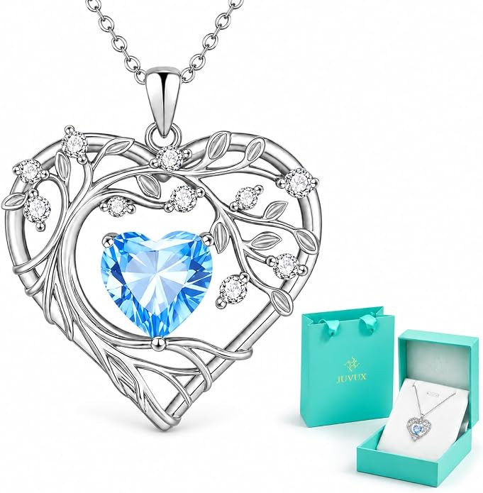 Tree of Life Birthstone Pendant Necklace - 925 Sterling Silver Heart Cubic Zirconia Diamond Women Pendant Necklaces for Her Daughter Girlfriend Birthday Gift Ideas for Wife Mom for Valentines Day