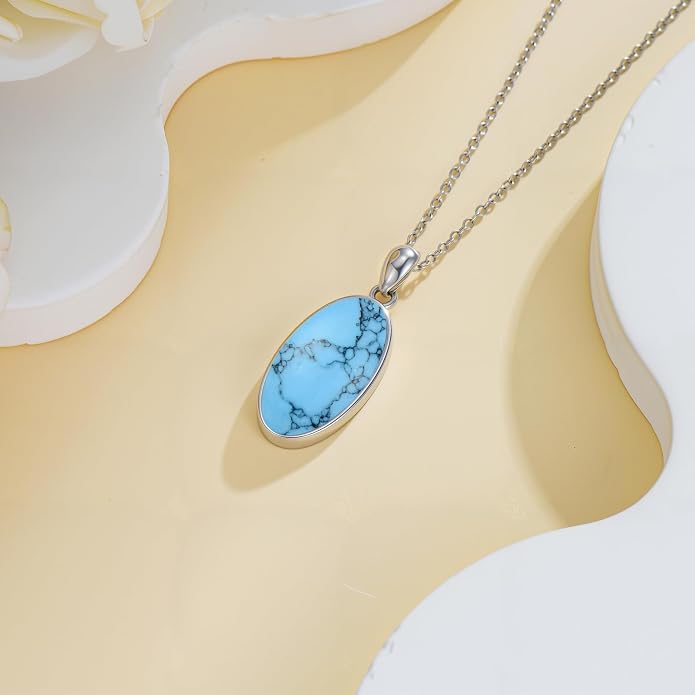 925 Sterling Silver Oval Moonstone/Turquoise Pendant Necklace, Dainty Necklace Jewelry Gifts for Women, with 18+2inch Chain
