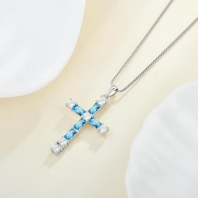 Birthstone Cross Necklace for Women 925 Sterling Silver Christian Religious Crucifix Pendant Rectangular Cut Birthstone Jewelry Gifts for Her