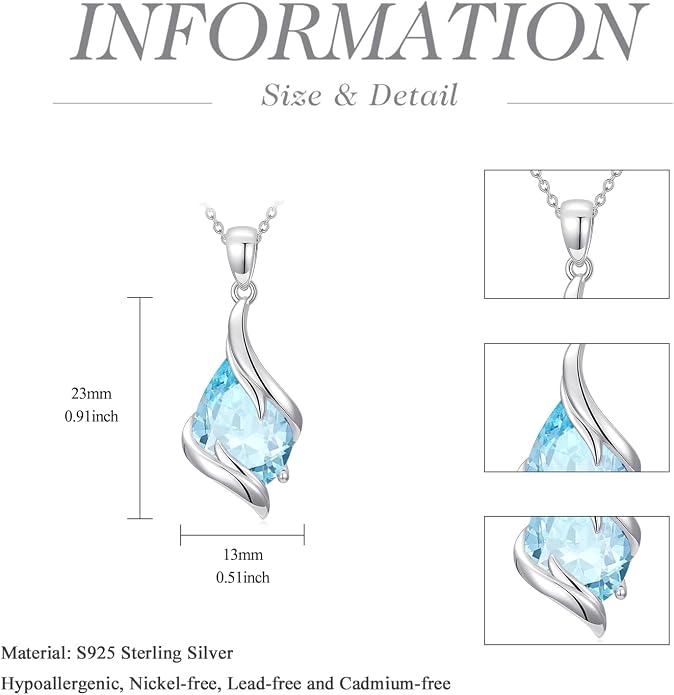 HPQQ Birthstone Necklace for Women 925 Sterling Silver Teardrop Pendant Fine Jewelry Birthday Mothers Day Gifts for Women Mom Her