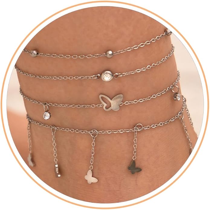 LOFITOR Ankle Bracelets for Women Glitter Waterproof Adjustable Anklet Set for Women 18K Gold Plated Silver Charm Dainty Layered Anklets, Summer Beach Anklet Jewelry for Women