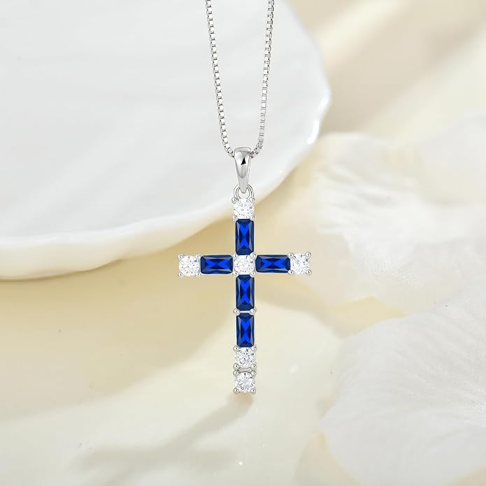 Birthstone Cross Necklace for Women 925 Sterling Silver Christian Religious Crucifix Pendant Rectangular Cut Birthstone Jewelry Gifts for Her