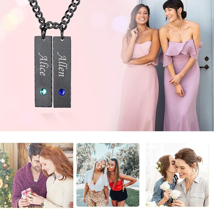 Custom4U Personalized Birthstone Bar Necklaces for Women, Custom Handmade Silver/Black/Gold Vertical Bar Pendants with 1-3 Names Engraved,Unique Memorial Necklace for Her