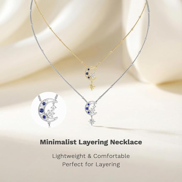 Miss mimi CZ Pendant Necklace, Golden Yellow Princess Cut or Crescent Moon, 18K Gold Plated, Adjustable 16” or 18 + 2”in Chain, Celestial & November Birthstone Citrine Style