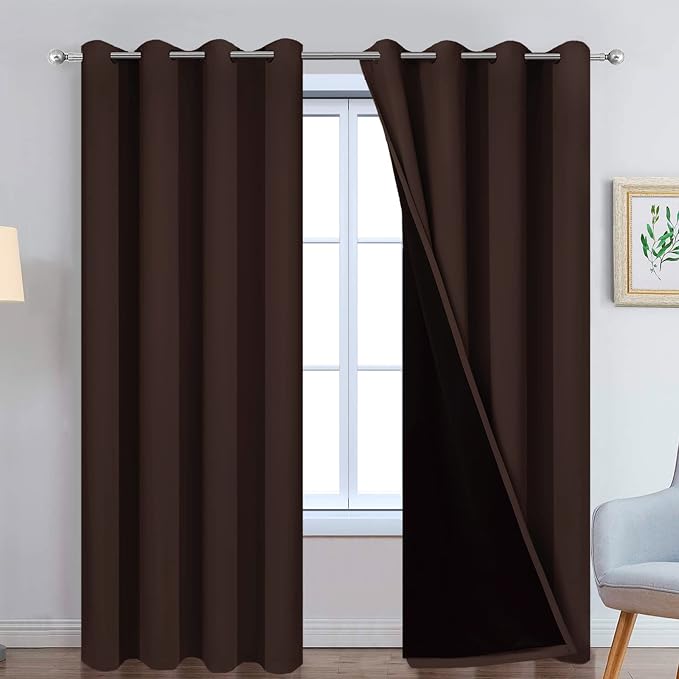 Yakamok Chocolate Brown Blackout Curtains 90 Inches Long 52" Wide, 2 Panels | Blackout Curtain Panels for Bedroom, 2 Thick Layers Grommet Top Thermal Insulated Drapes with Black Liner for Living Room