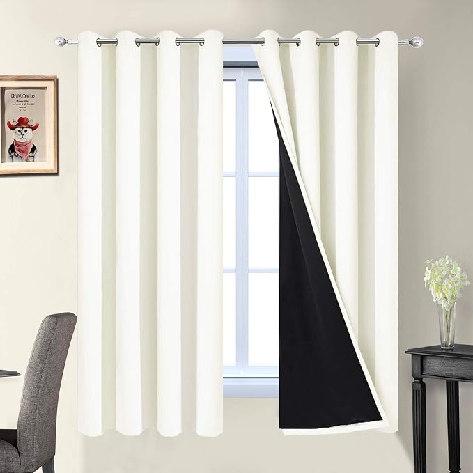 Yakamok Cream 100% Blackout Curtains 63 Inches Long for Bedroom 52" Wide | Blackout Curtain Panels for Bedroom, 2 Thick Layers Grommet Top Thermal Insulated Drapes with Black Liner for Living Room