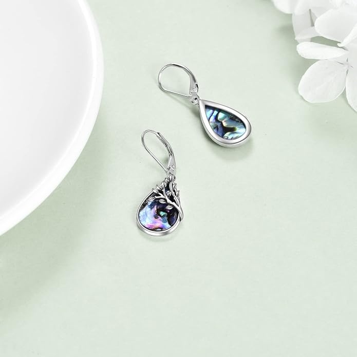 AXELUNA Tree of Life Earrings Sterling Silver Teardrop Abalone Shell Dangle Leverback Earringgs Gifts for Women Girls