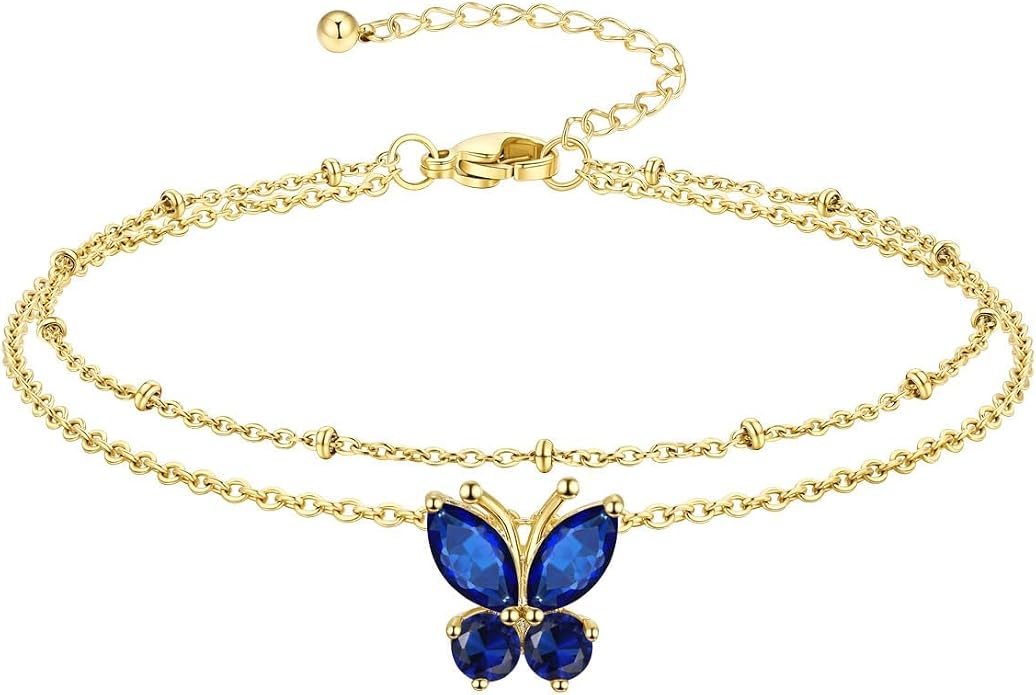 Richsteel Double Layer Heart/Butterfly Birthstone Anklet for Women Non Tarnish Waterproof, Silver/Gold/Black Stainless Steel 8.5-10.5 Inch Adjustable Chain Anklets Jewelry Gifts for Her