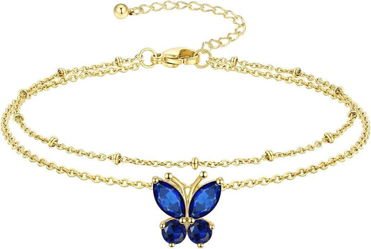 Richsteel Double Layer Heart/Butterfly Birthstone Anklet for Women Non Tarnish Waterproof, Silver/Gold/Black Stainless Steel 8.5-10.5 Inch Adjustable Chain Anklets Jewelry Gifts for Her