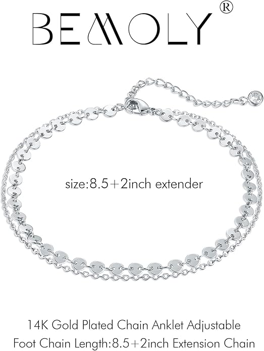 Dainty Gold Double Layer Disc Anklet for Women, 14K Gold Plated Sequin Chain Foot Bracelet, 8.5"+2" Adjustable Delicate Stackable Ankle Bracelet, Minimalist Summer Beach Jewelry Gift for Her