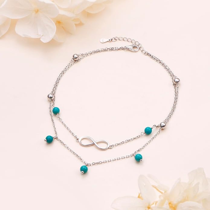Flyow Anklet for Women S925 Sterling Silver Adjustable Foot Beaded Heart Charm Ankle Bracelet Anklets Jewelry