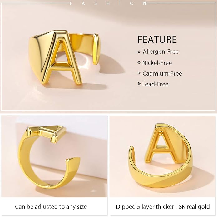 KeyStyle Bold Initial Letter Rings Adjustable, GoldChic Jewelry Women Gold Statement Ring Personalized Engraved Women’s Open Signet Ring for Party (Gold, White Gold, Black)