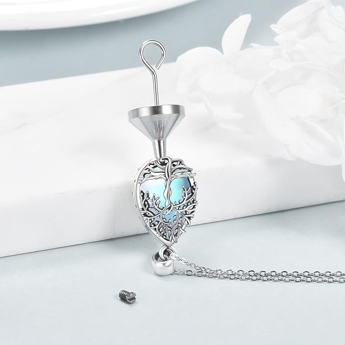 ONEFINITY Tree of Life Urn Necklace for Ashes Sterling Silver Moonstone Black Onyx Mass Agate Cremation Necklace for Ashes Keepsake Memory Jewelry for Women