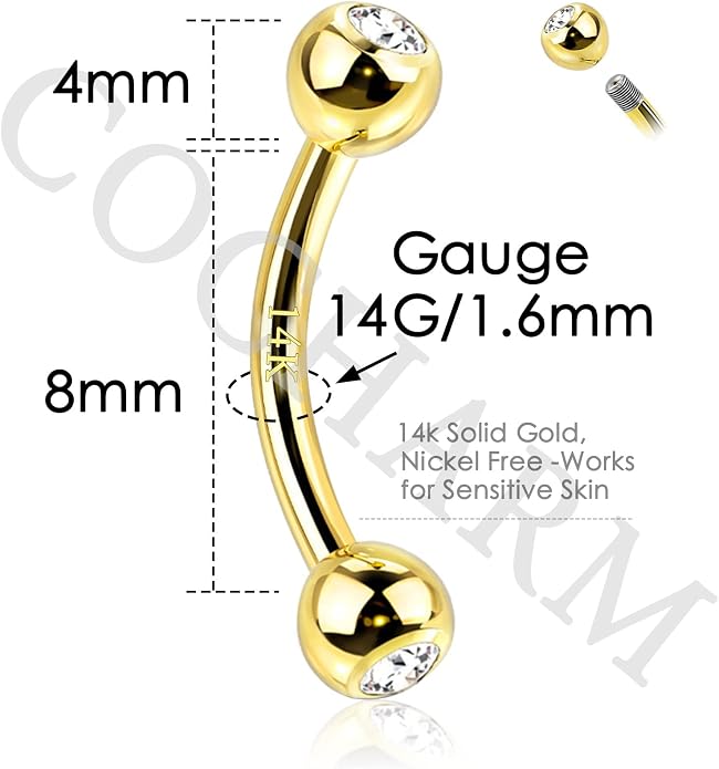 COCHARM 14K Gold Belly Button Rings Real Gold Cute Short/Long Upper 16g/14g Belly Piercing Rings Rook Barbell